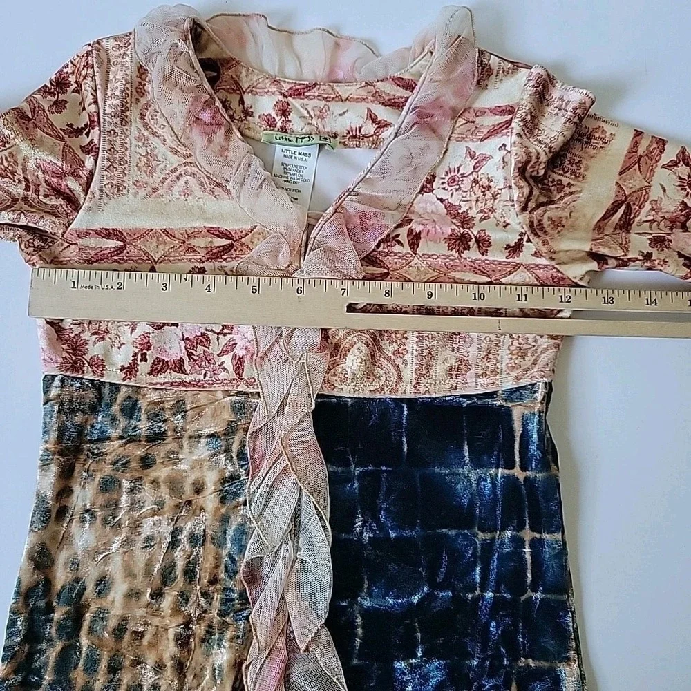 Little Mass Vintage Girls Medium Velour Top Mixed Block Print Ruffle Boho Hippie